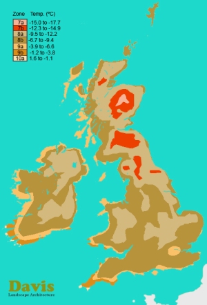 UK England Ireland Scotland Wales Plant Hardiness Zone Map