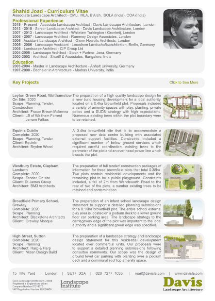DAVIS Landscape Architecture Shahid Joad Associate Landscape Architect CV 2020